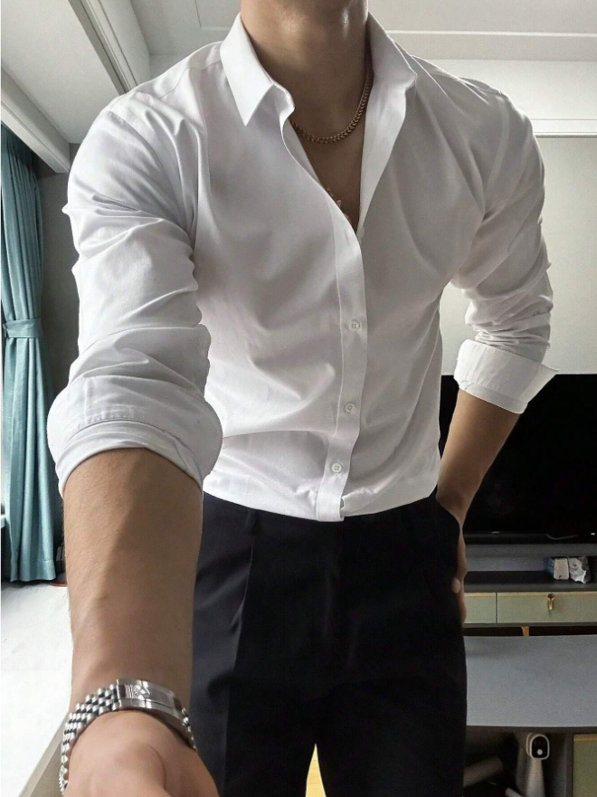 Camisa Social Masculina Lisa Manga Longa com Botão