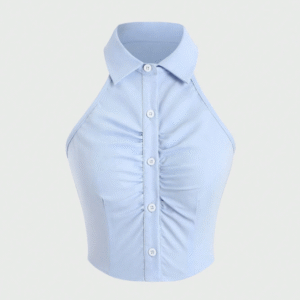 Blusa Halter Plissada de Cor Sólida, Look Y2K