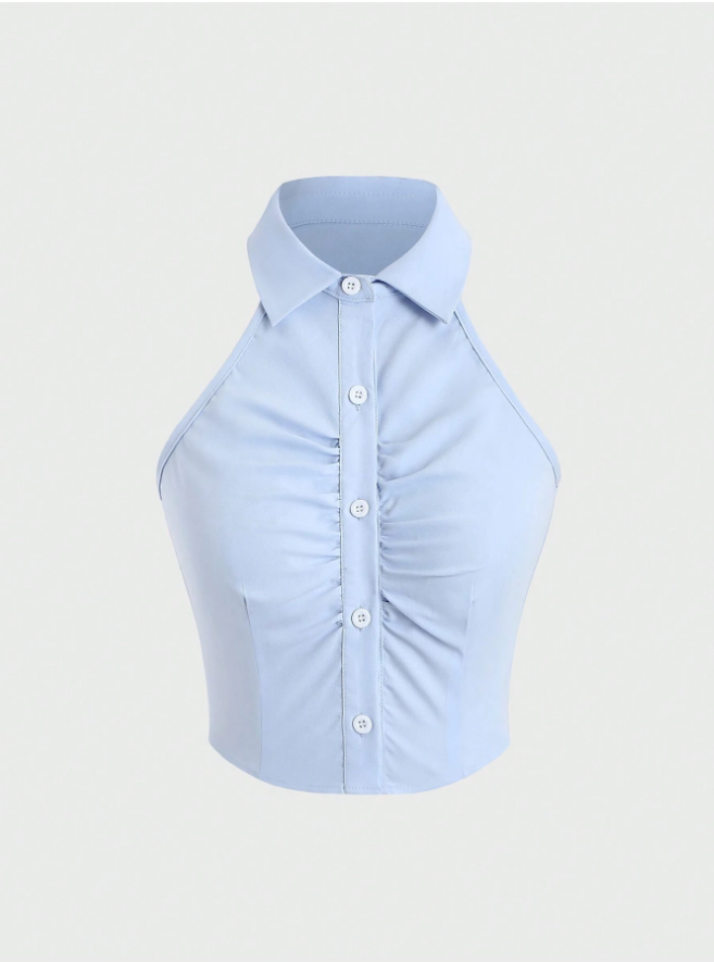 Blusa Halter Plissada de Cor Sólida, Look Y2K